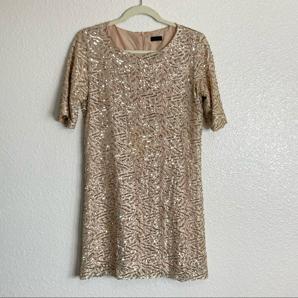 Wren Silk Sequin Embellished Shift Short Sleeves Mini Dress S Gold